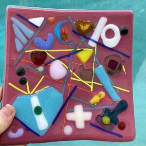 “Sweden “ Fused Art Glass  Handmade 6.5”x6.5”Pink Square Tray